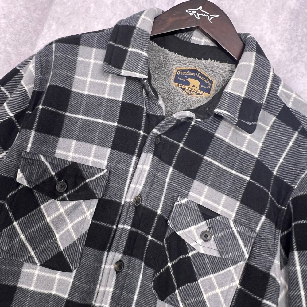 Freedom Foundry Fleece Shirt Jacket Mens Large Black Grey Plaid Sherpa Lined Lge